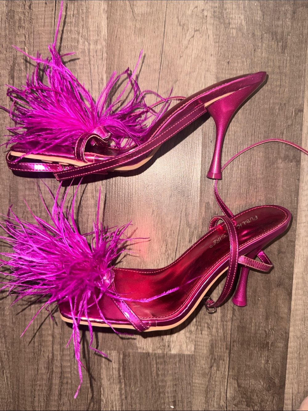 Public Desire Metallic Fuchsia Feathered Strappy Stiletto Heels